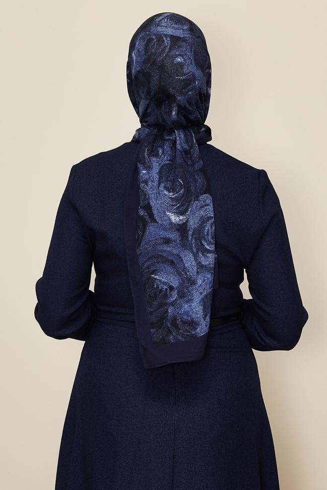 Vêtements hijab BLEU MARINE CHÂLE À MOTIFS ALVINA ROSE 8605 - ALVİNA