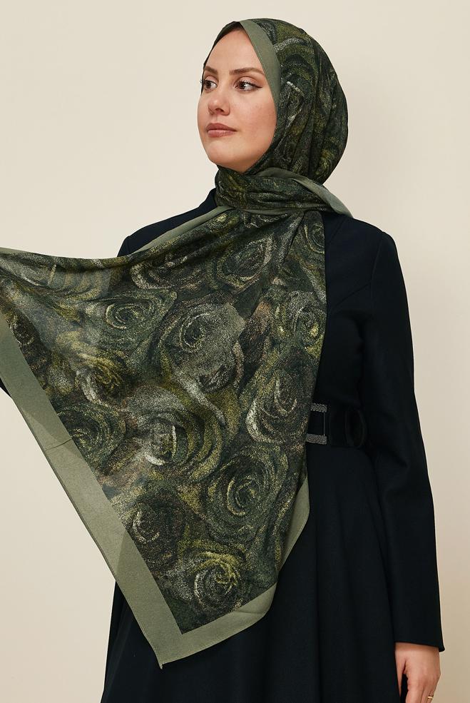 Vêtements hijab KAKI CHÂLE À MOTIFS ALVINA ROSE 8605 - ALVİNA