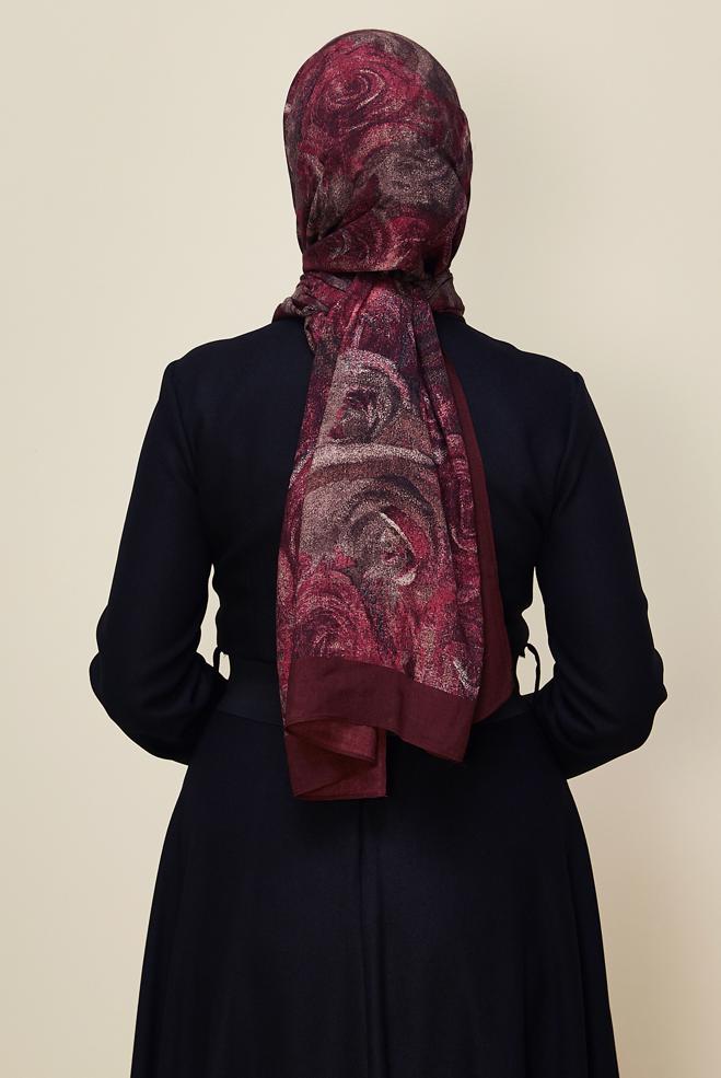 Vêtements hijab ROUGE BORDEAUX CHÂLE À MOTIFS ALVINA ROSE 8605 - ALVİNA