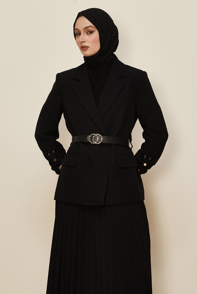 Tesettür giyim SİYAH KEMERLİ ETEKLİ TAKIM 30542 - ALVİNA