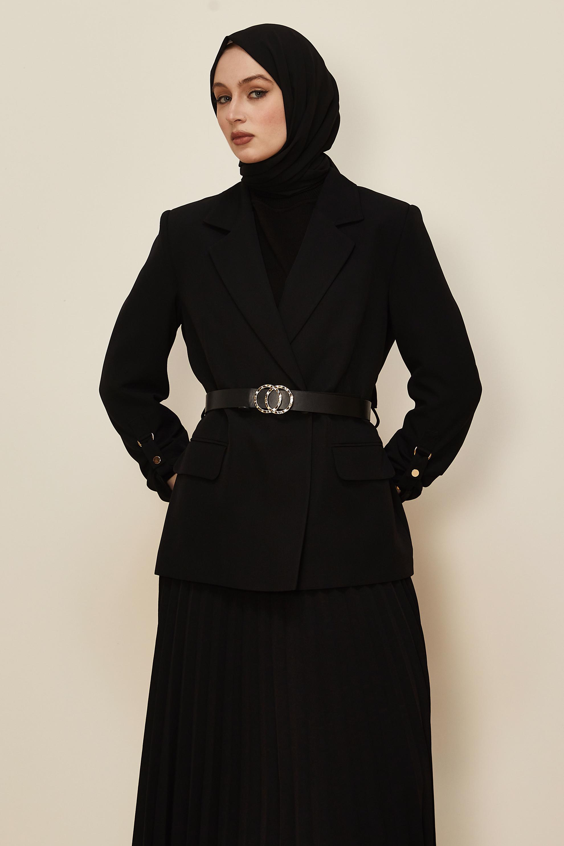 Tesettür giyim SİYAH KEMERLİ ETEKLİ TAKIM 30542