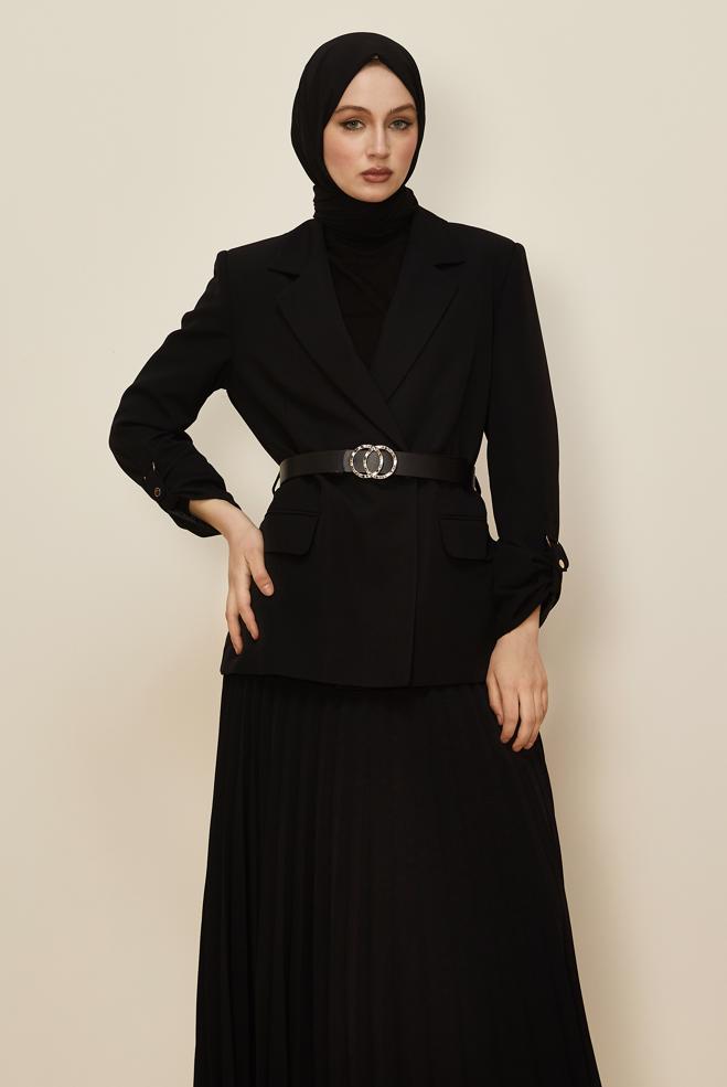 Tesettür giyim SİYAH KEMERLİ ETEKLİ TAKIM 30542 - ALVİNA