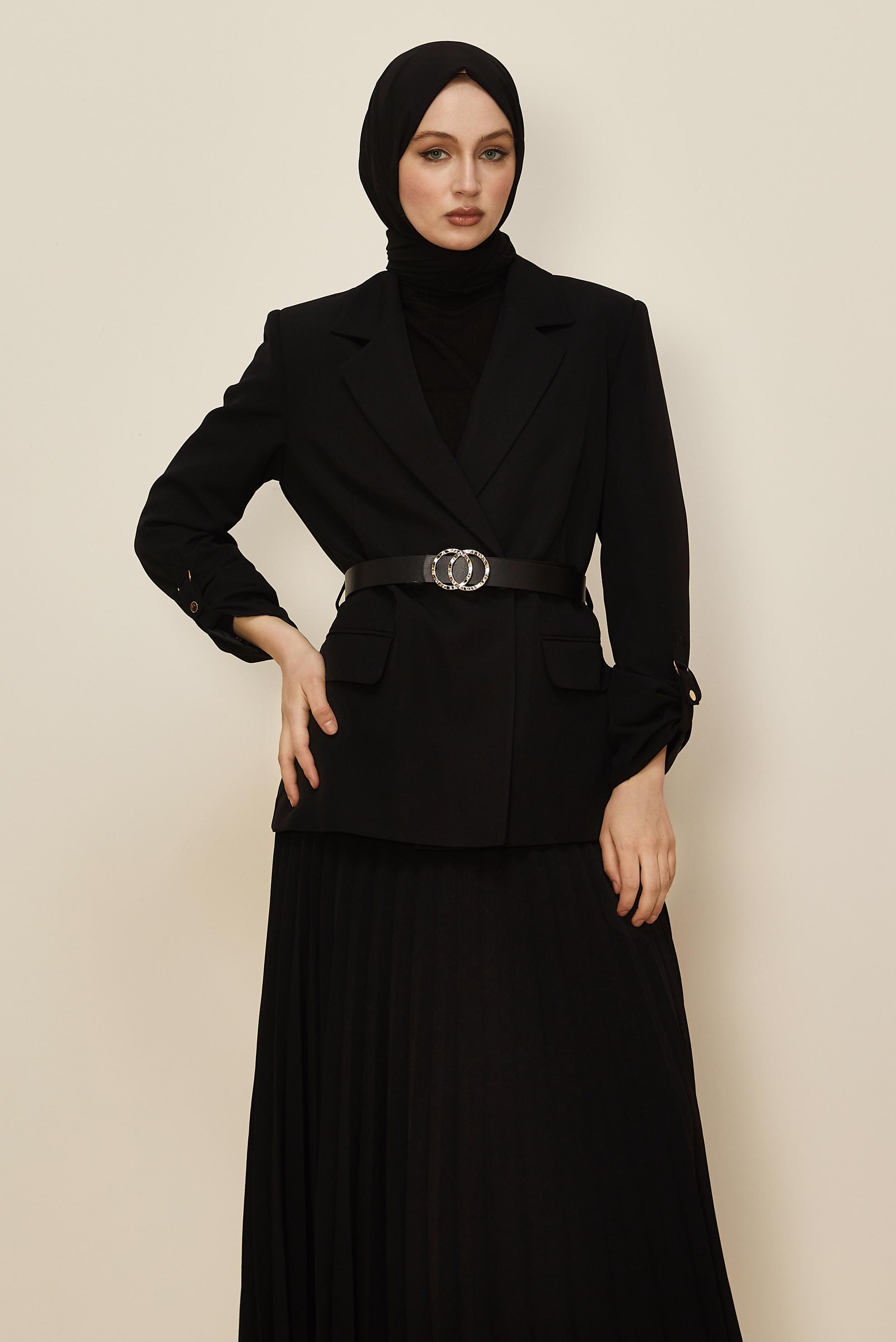 Tesettür giyim SİYAH KEMERLİ ETEKLİ TAKIM 30542