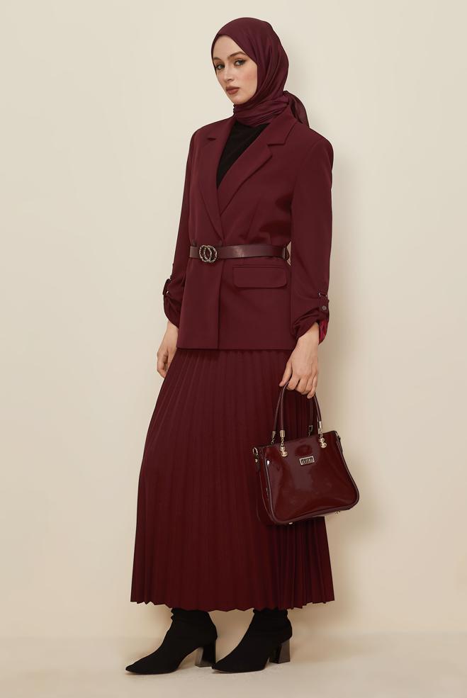 Tesettür giyim BORDO KEMERLİ ETEKLİ TAKIM 30542 - ALVİNA