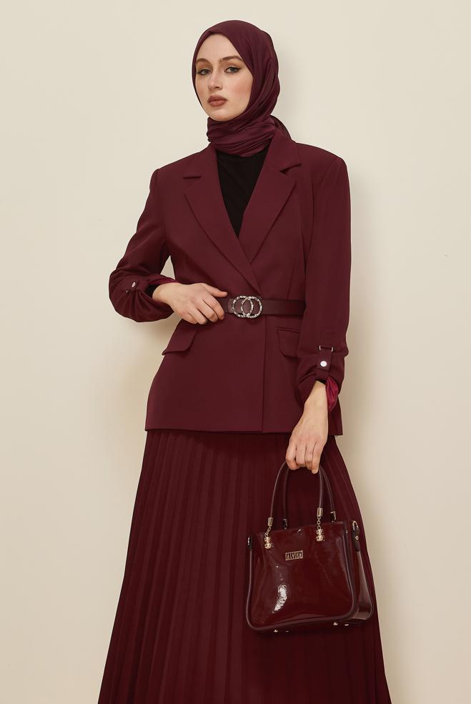Tesettür giyim BORDO KEMERLİ ETEKLİ TAKIM 30542 - ALVİNA