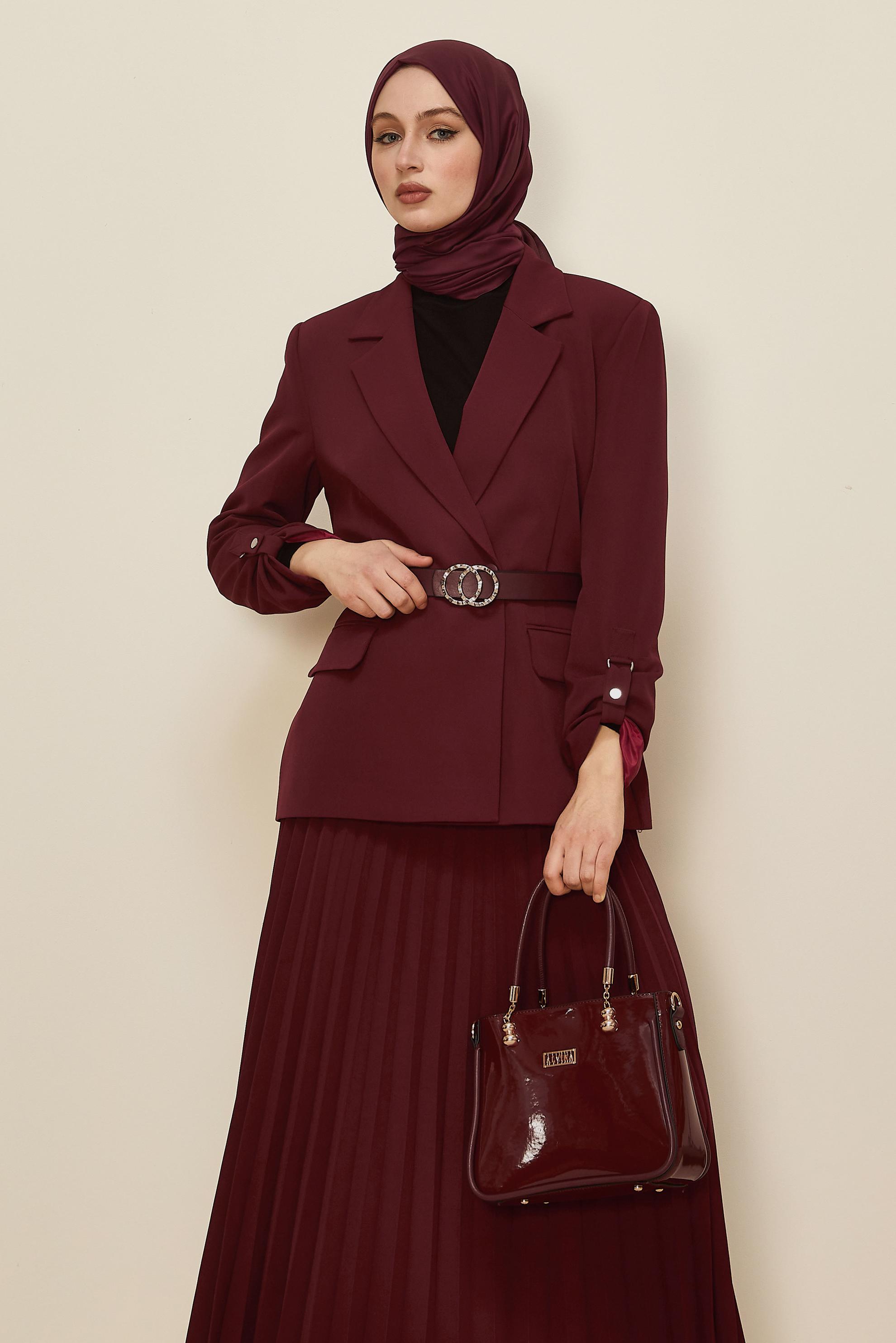 Tesettür giyim BORDO KEMERLİ ETEKLİ TAKIM 30542