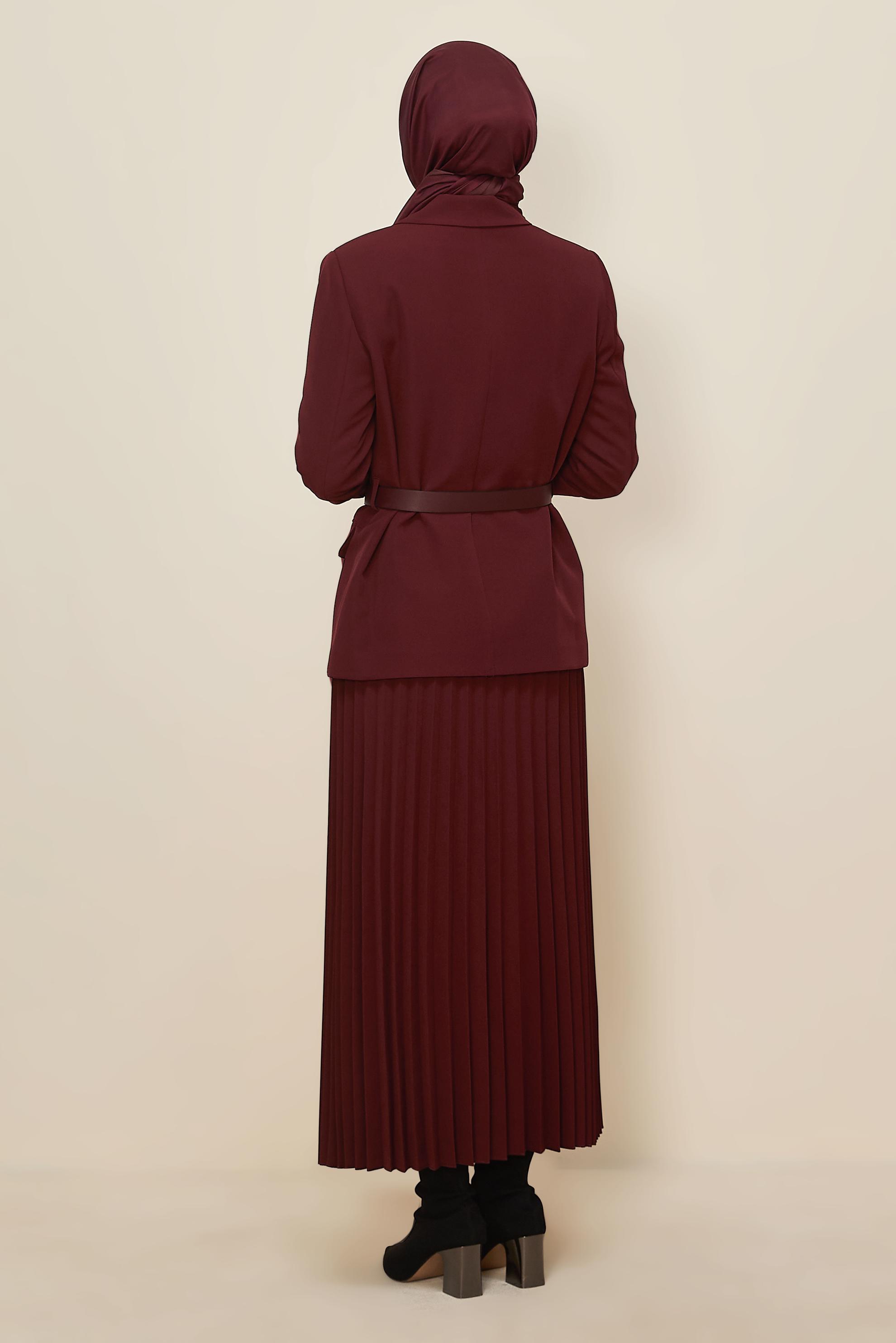 Tesettür giyim BORDO KEMERLİ ETEKLİ TAKIM 30542