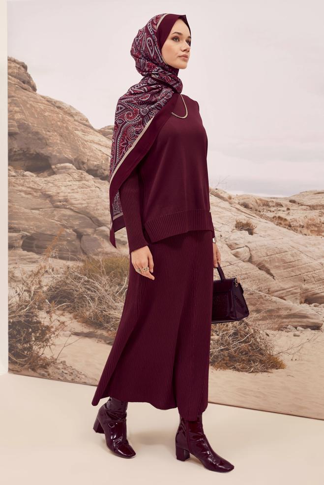 Vêtements hijab ROUGE BORDEAUX ENSEMBLE JUPE DEUX PIÈCES EN TRICOT 45860 - ALVİNA
