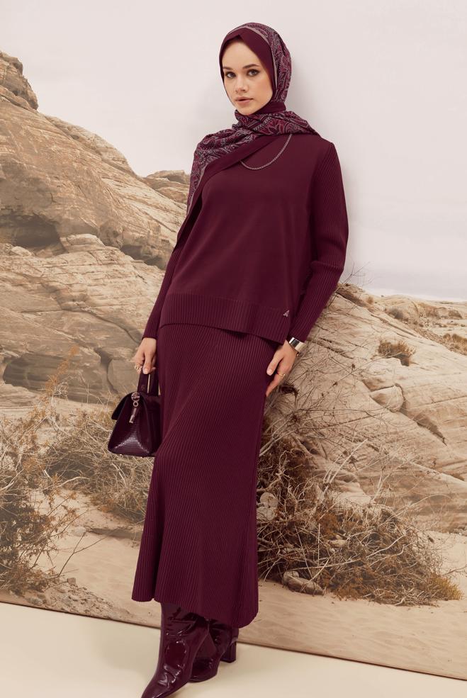 Vêtements hijab ROUGE BORDEAUX ENSEMBLE JUPE DEUX PIÈCES EN TRICOT 45860 - ALVİNA