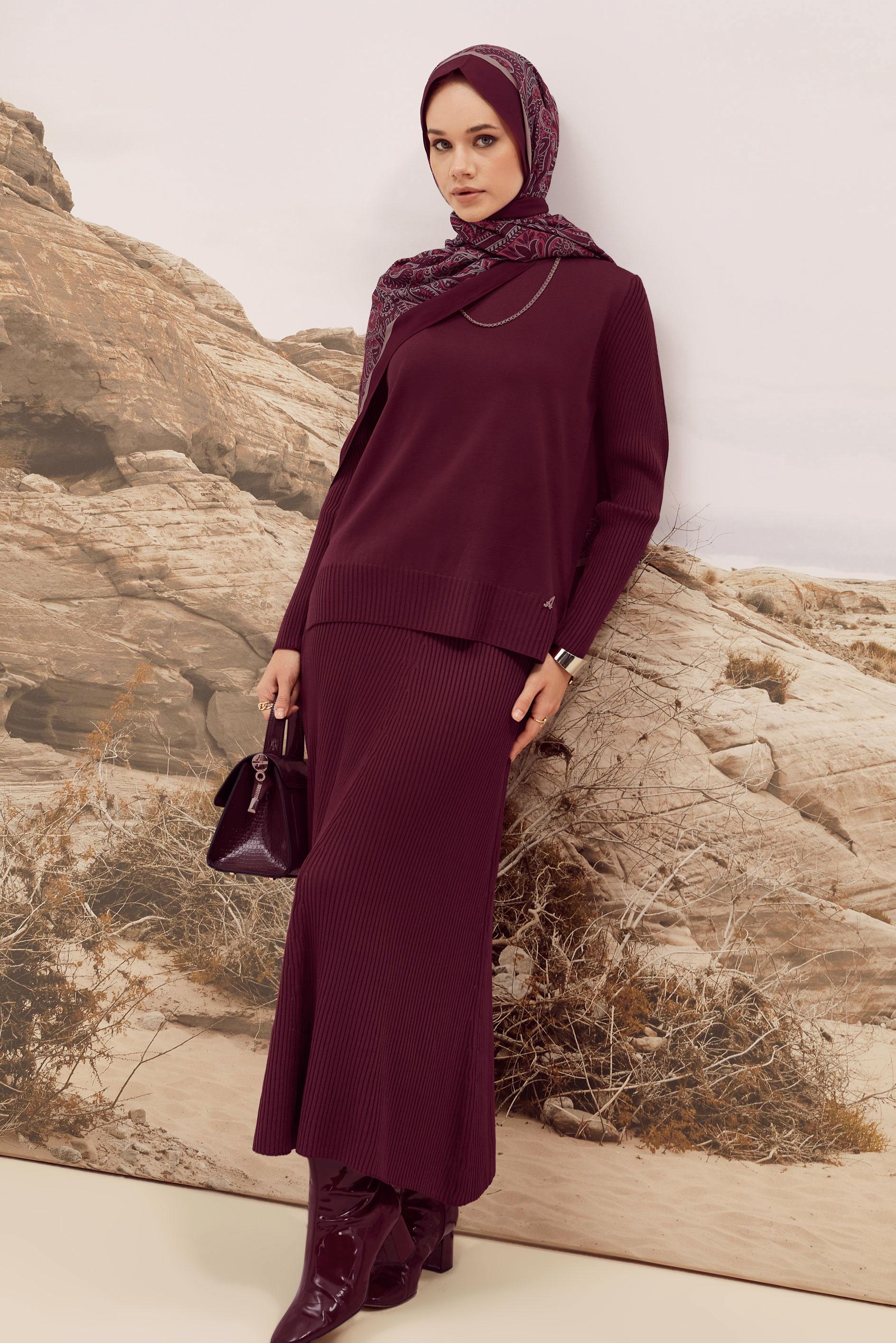 Tesettür giyim BORDO ETEKLİ TRİKO TAKIM 45860
