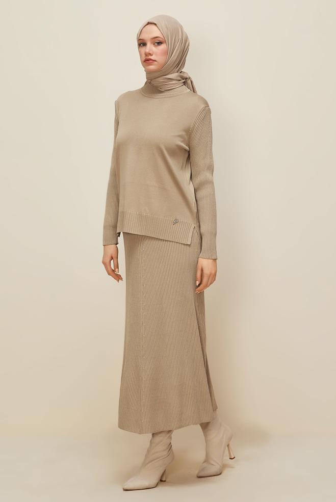Vêtements hijab BEIGE ENSEMBLE JUPE DEUX PIÈCES EN TRICOT 45860 - ALVİNA