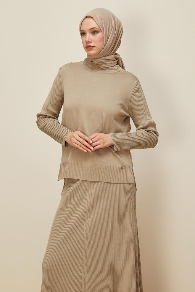 Vêtements hijab BEIGE ENSEMBLE JUPE DEUX PIÈCES EN TRICOT 45860 - ALVİNA