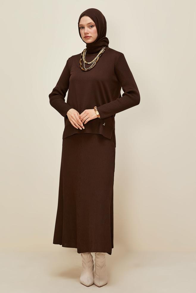 Vêtements hijab BRUN ENSEMBLE JUPE DEUX PIÈCES EN TRICOT 45860 - ALVİNA