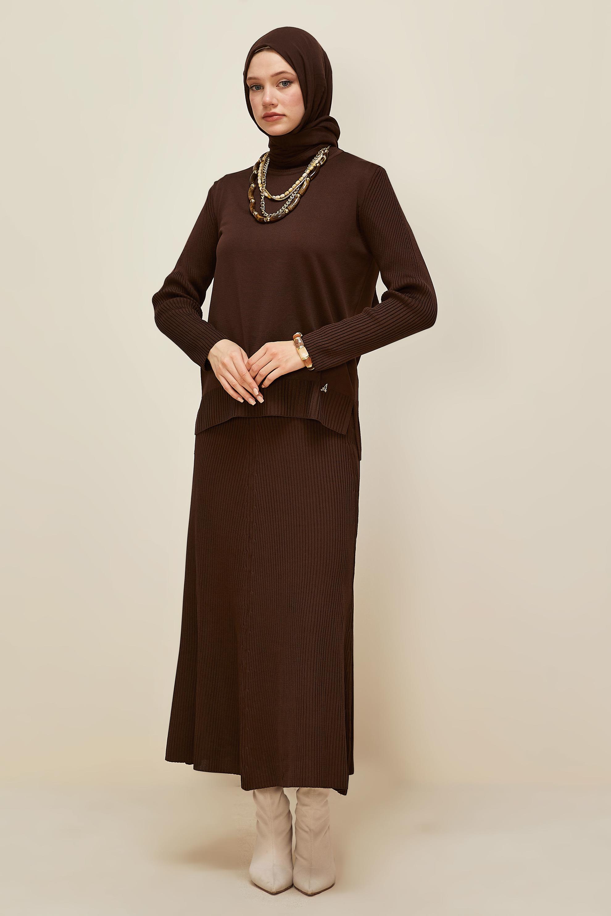 Hijab clothing BROWN KNITWEAR TWO-PIECE SKIRT SUIT 45860
