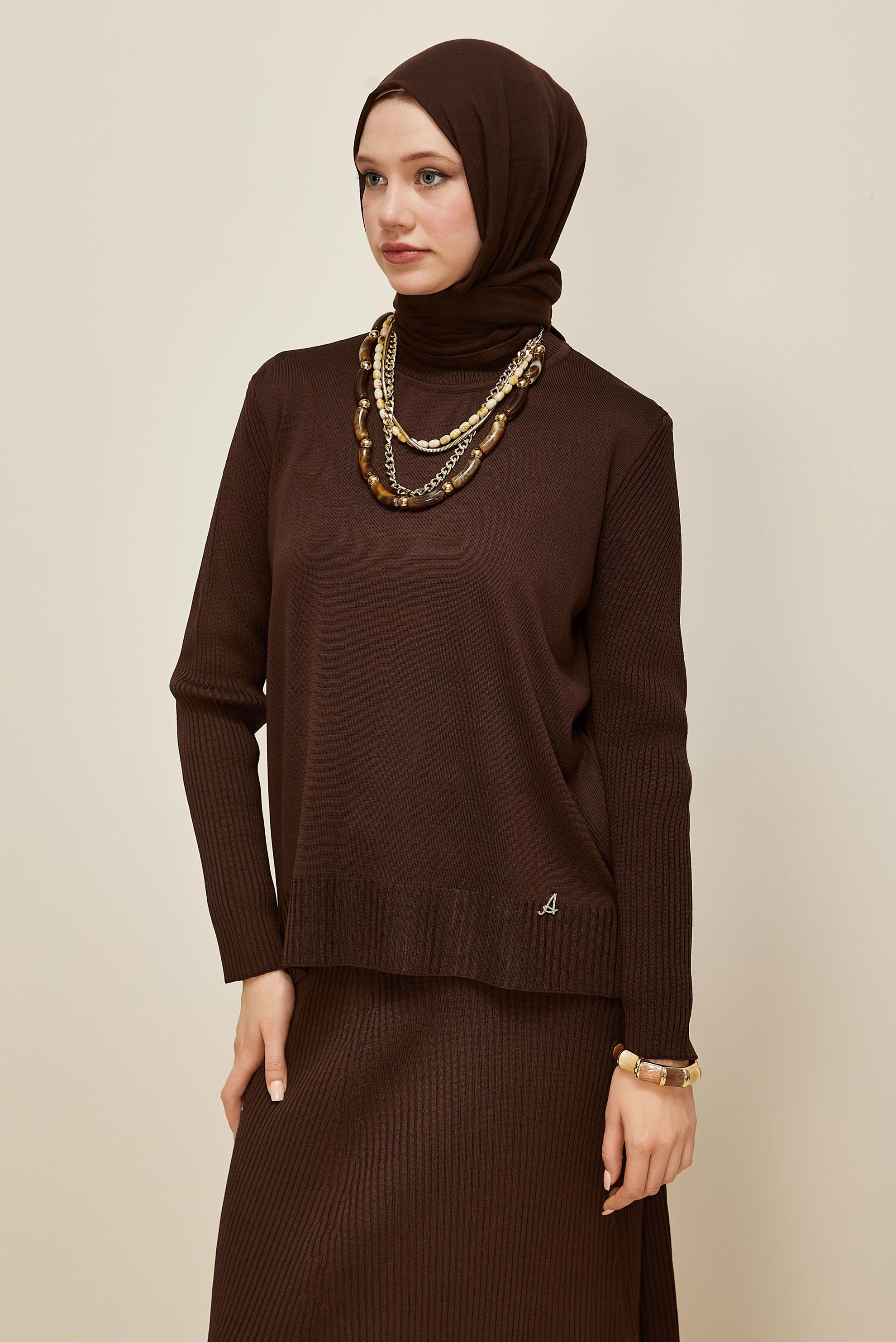 Hijab clothing BROWN KNITWEAR TWO-PIECE SKIRT SUIT 45860
