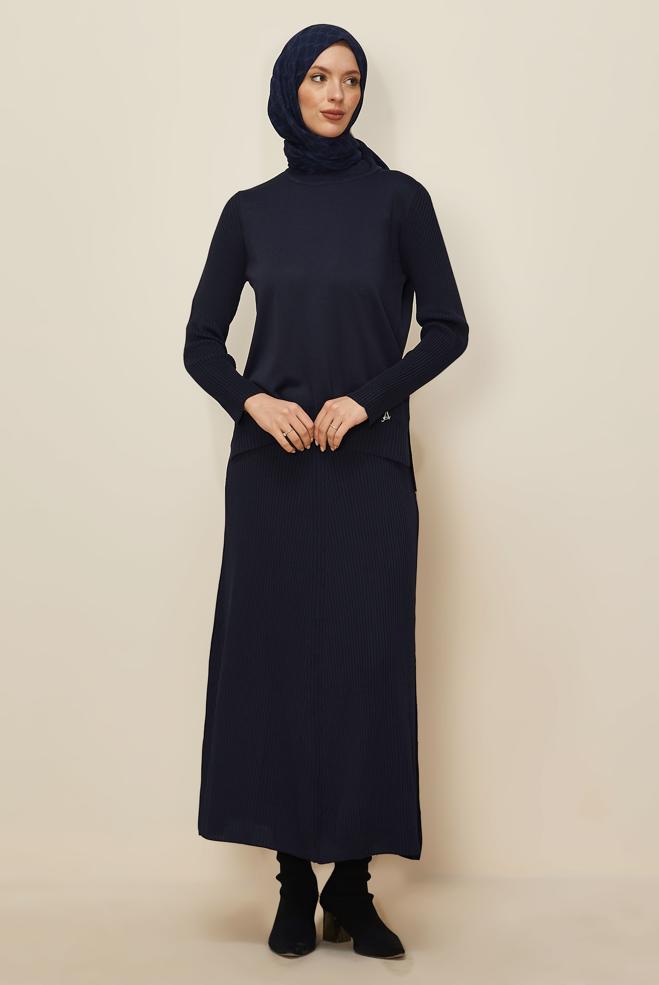 Hijab clothing NAVY BLUE KNITWEAR TWO-PIECE SKIRT SUIT 45860 - ALVİNA