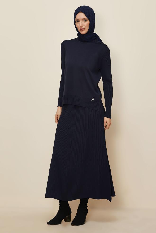 Hijab clothing NAVY BLUE KNITWEAR TWO-PIECE SKIRT SUIT 45860 - ALVİNA