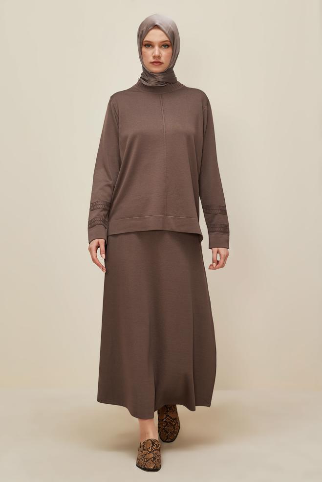Tesettür giyim KAHVE ETEKLİ TRİKO TAKIM 45862 - ALVİNA