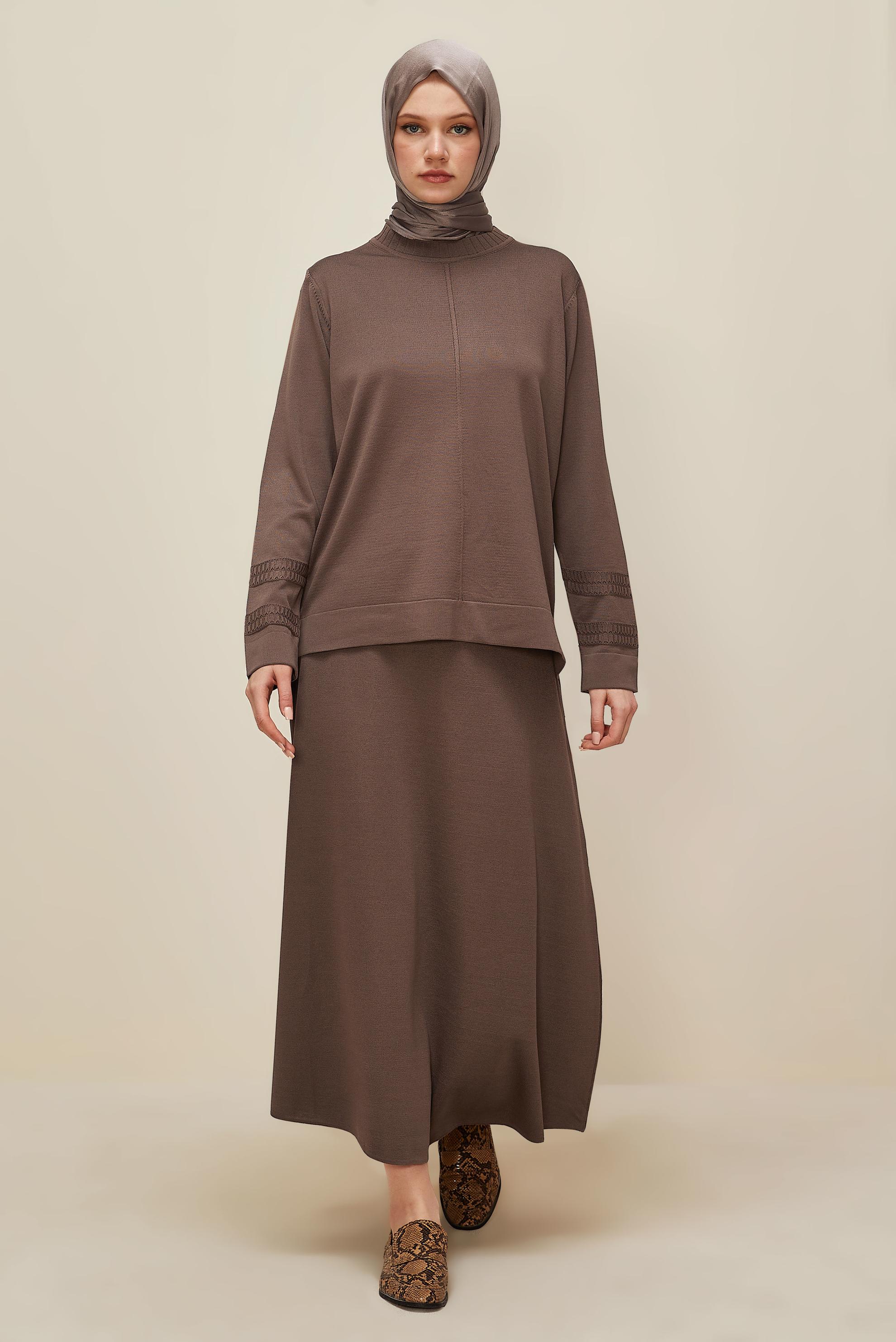 Tesettür giyim KAHVE ETEKLİ TRİKO TAKIM 45862