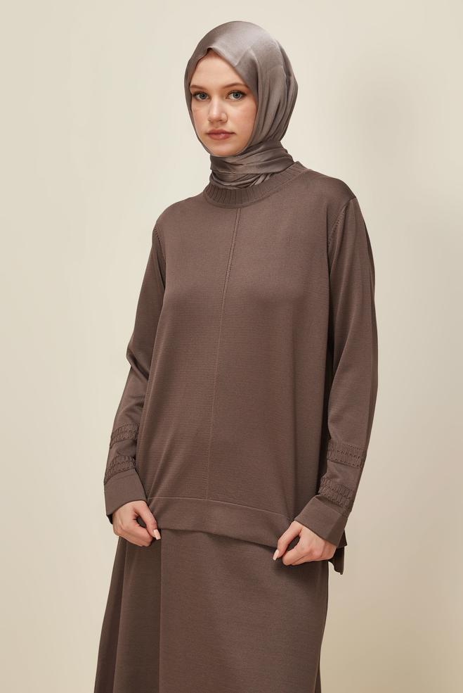 Tesettür giyim KAHVE ETEKLİ TRİKO TAKIM 45862 - ALVİNA