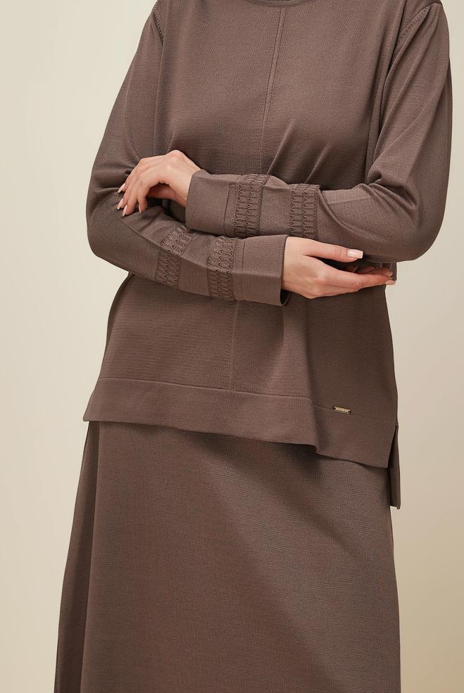 Tesettür giyim KAHVE ETEKLİ TRİKO TAKIM 45862 - ALVİNA