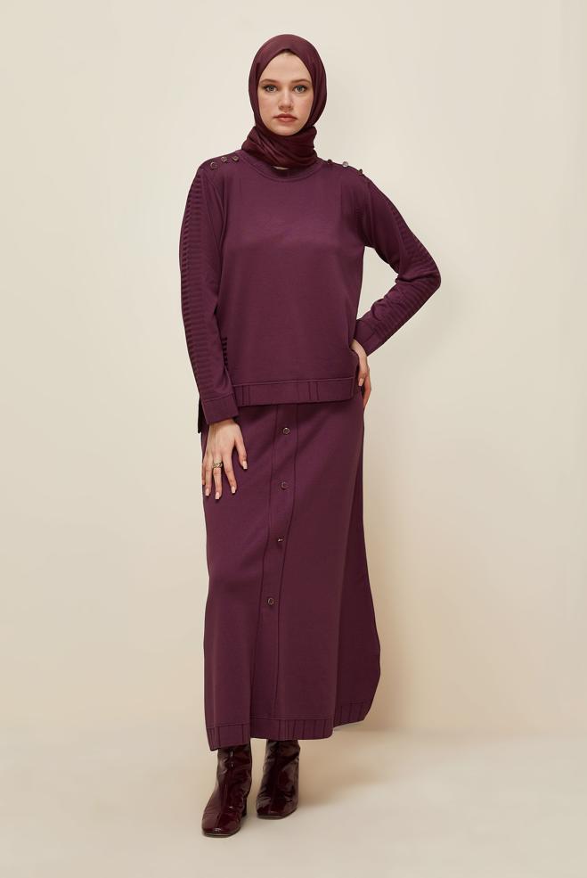 Tesettür giyim BORDO ETEKLİ TRİKO TAKIM 45872 - ALVİNA