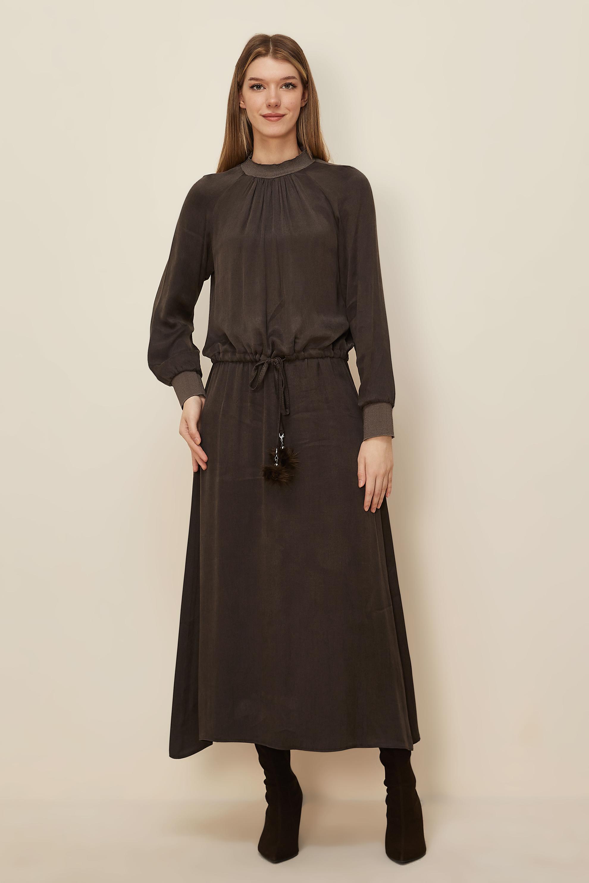 Tesettür giyim KAHVE BÜZGÜ DETAYLI ETEKLİ TAKIM 45939