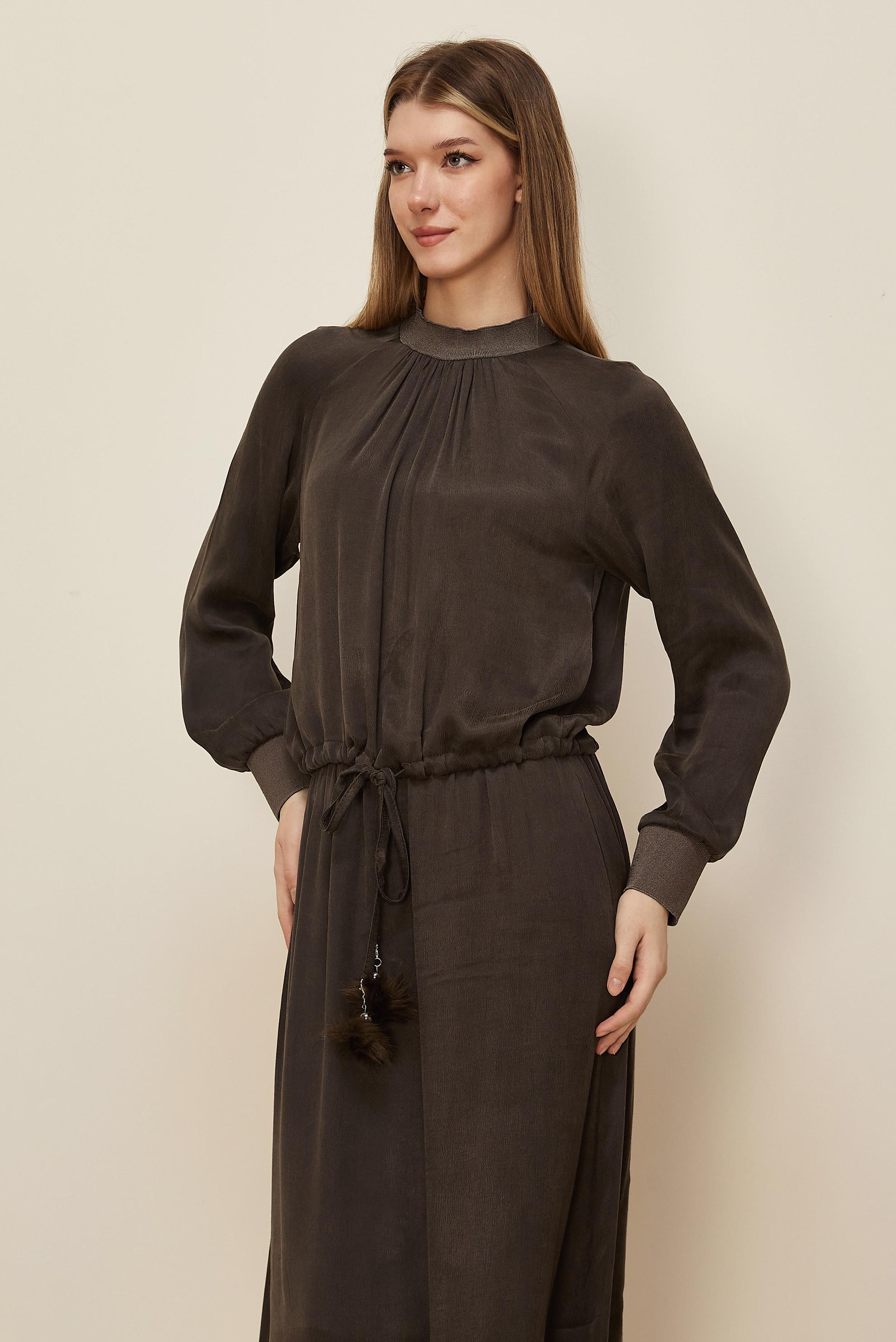 Tesettür giyim KAHVE BÜZGÜ DETAYLI ETEKLİ TAKIM 45939