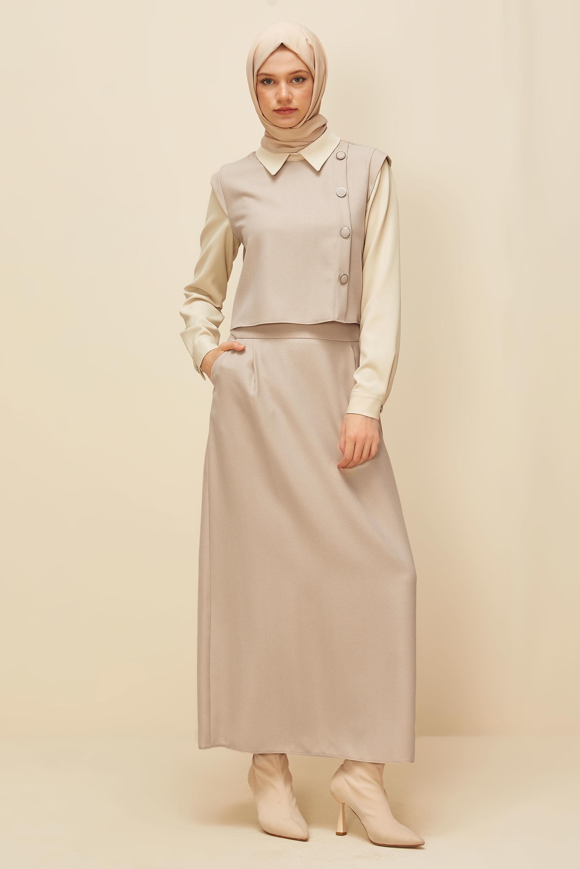Vêtements hijab BEIGE ENSEMBLE JUPE BOUTONNÉE DÉTAILLÉE 46013