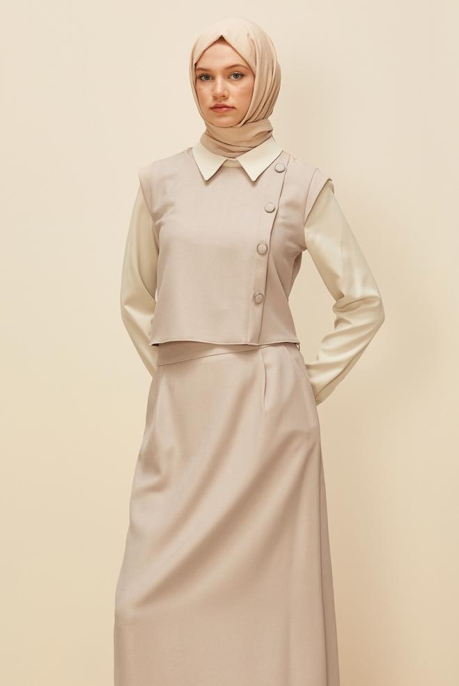 Vêtements hijab BEIGE ENSEMBLE JUPE BOUTONNÉE DÉTAILLÉE 46013 - ALVİNA