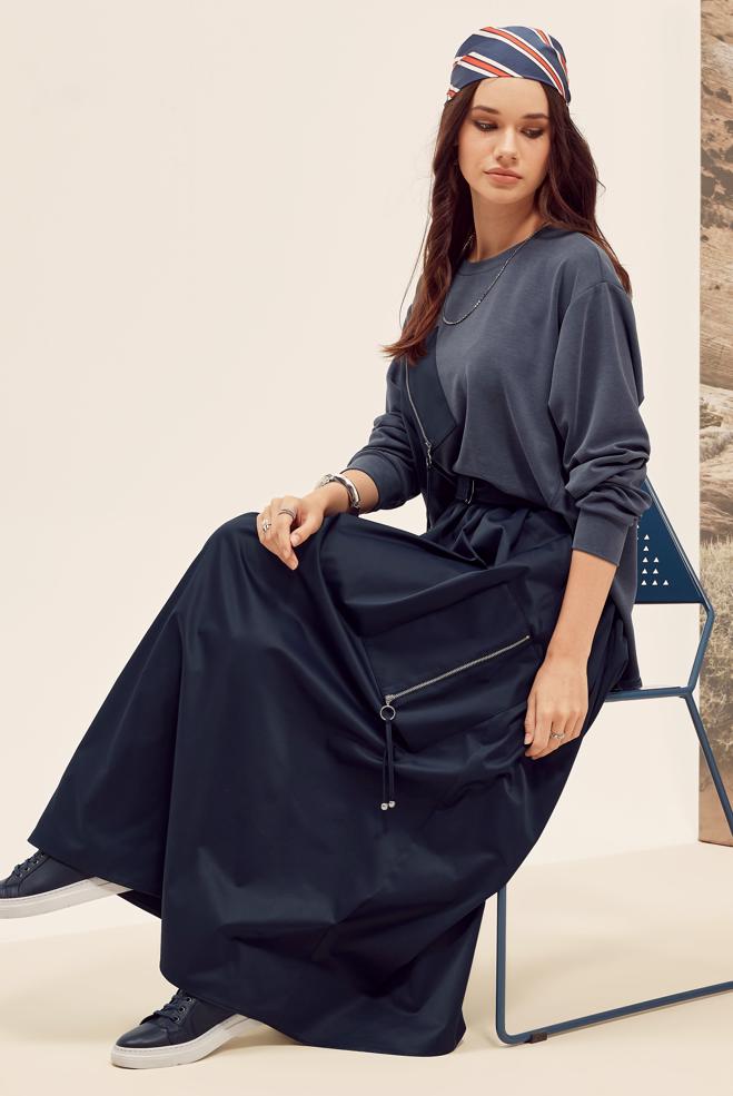 Tesettür giyim LACİVERT FERMUAR DETAYLI ETEKLİ TAKIM 46026 - ALVİNA