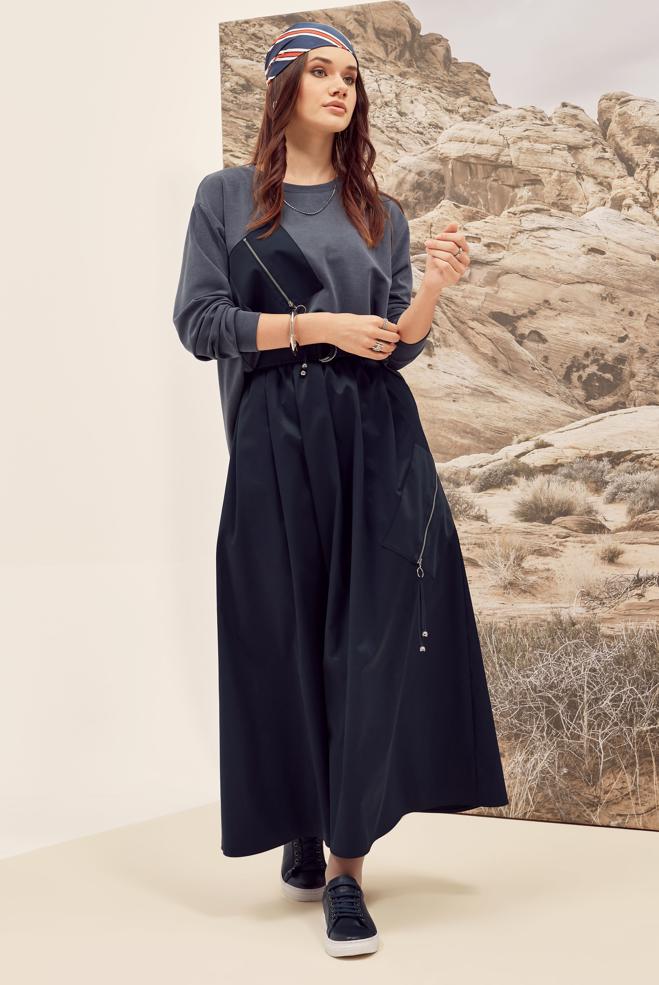 Tesettür giyim LACİVERT FERMUAR DETAYLI ETEKLİ TAKIM 46026 - ALVİNA