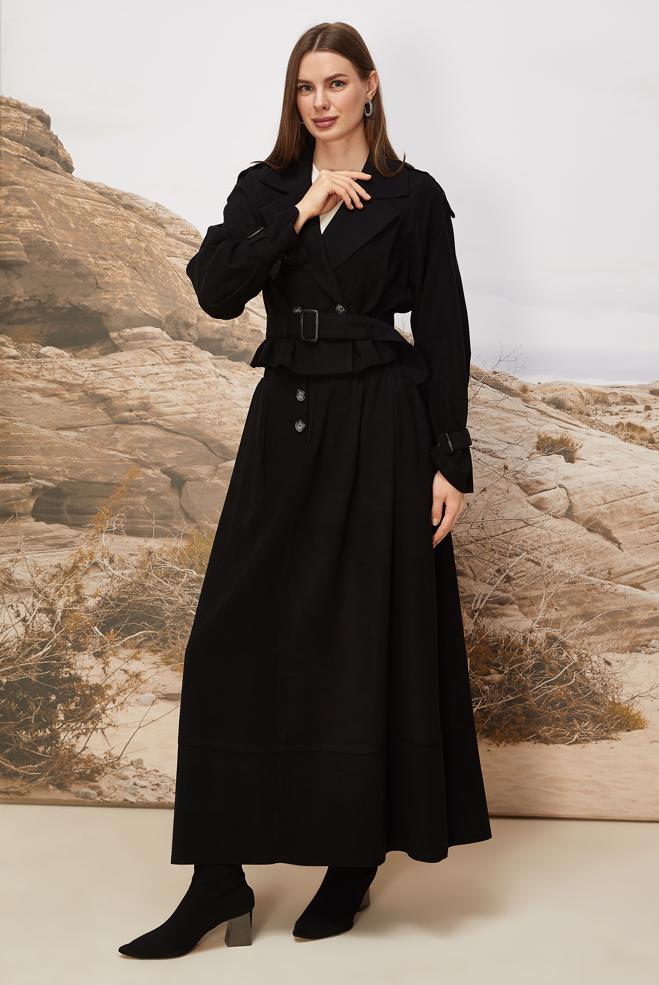 Tesettür giyim SİYAH KEMERLİ ETEKLİ TAKIM 46027 - ALVİNA