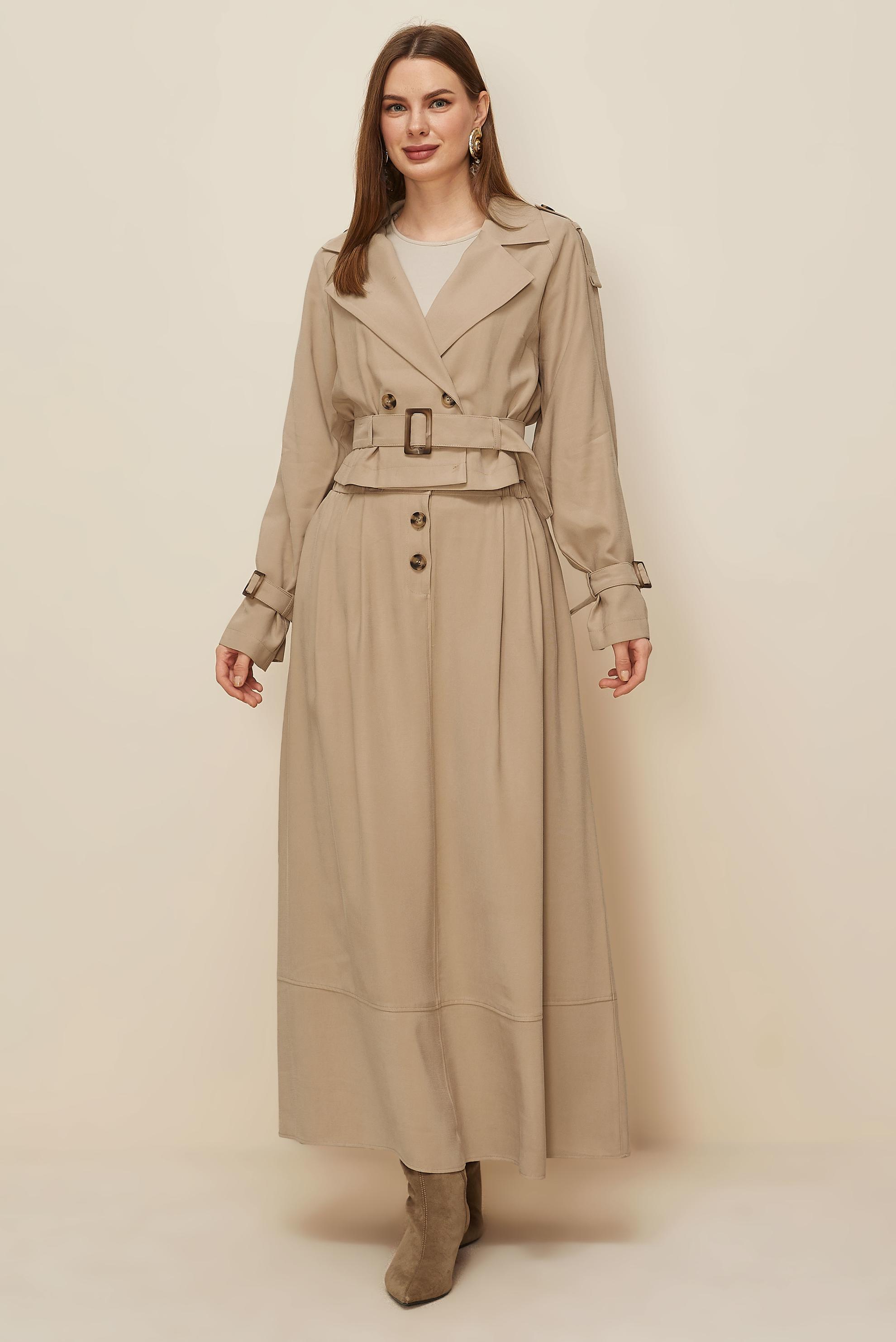 Tesettür giyim KAHVE KEMERLİ ETEKLİ TAKIM 46027