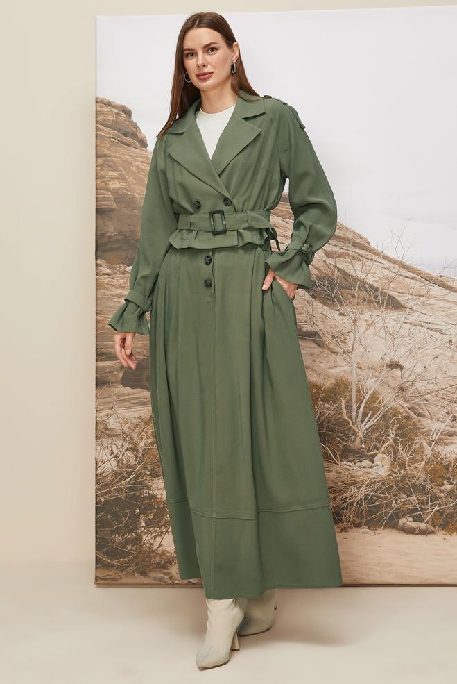 Tesettür giyim HAKİ KEMERLİ ETEKLİ TAKIM 46027 - ALVİNA