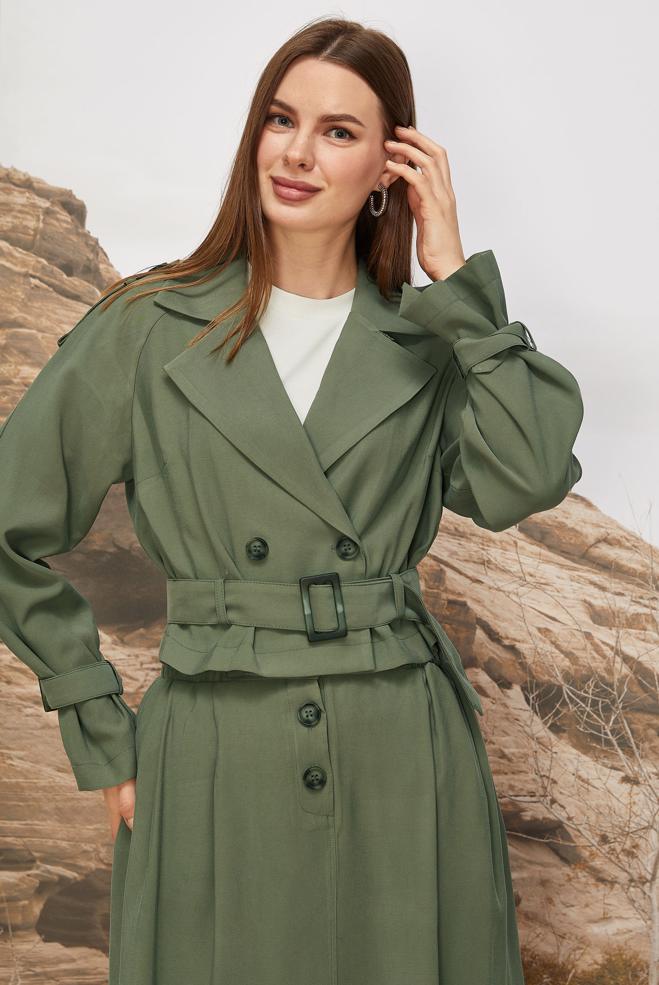 Tesettür giyim HAKİ KEMERLİ ETEKLİ TAKIM 46027 - ALVİNA