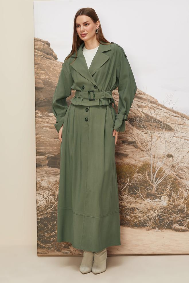 Tesettür giyim HAKİ KEMERLİ ETEKLİ TAKIM 46027 - ALVİNA