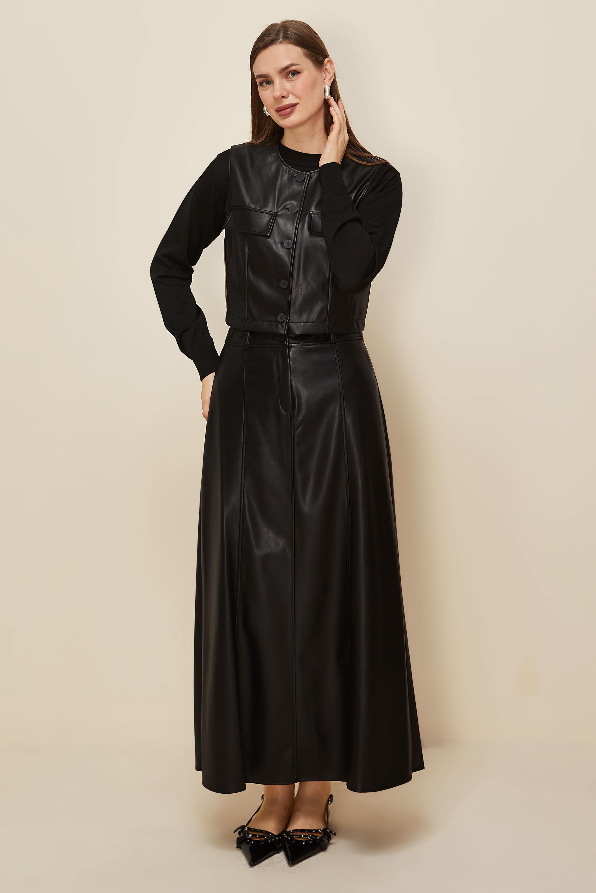 Tesettür giyim SİYAH ETEKLİ DERİ TAKIM 46033