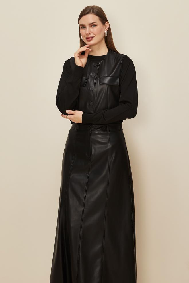 Tesettür giyim SİYAH ETEKLİ DERİ TAKIM 46033 - ALVİNA