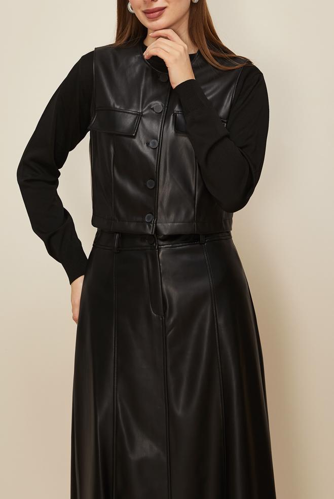 Tesettür giyim SİYAH ETEKLİ DERİ TAKIM 46033 - ALVİNA