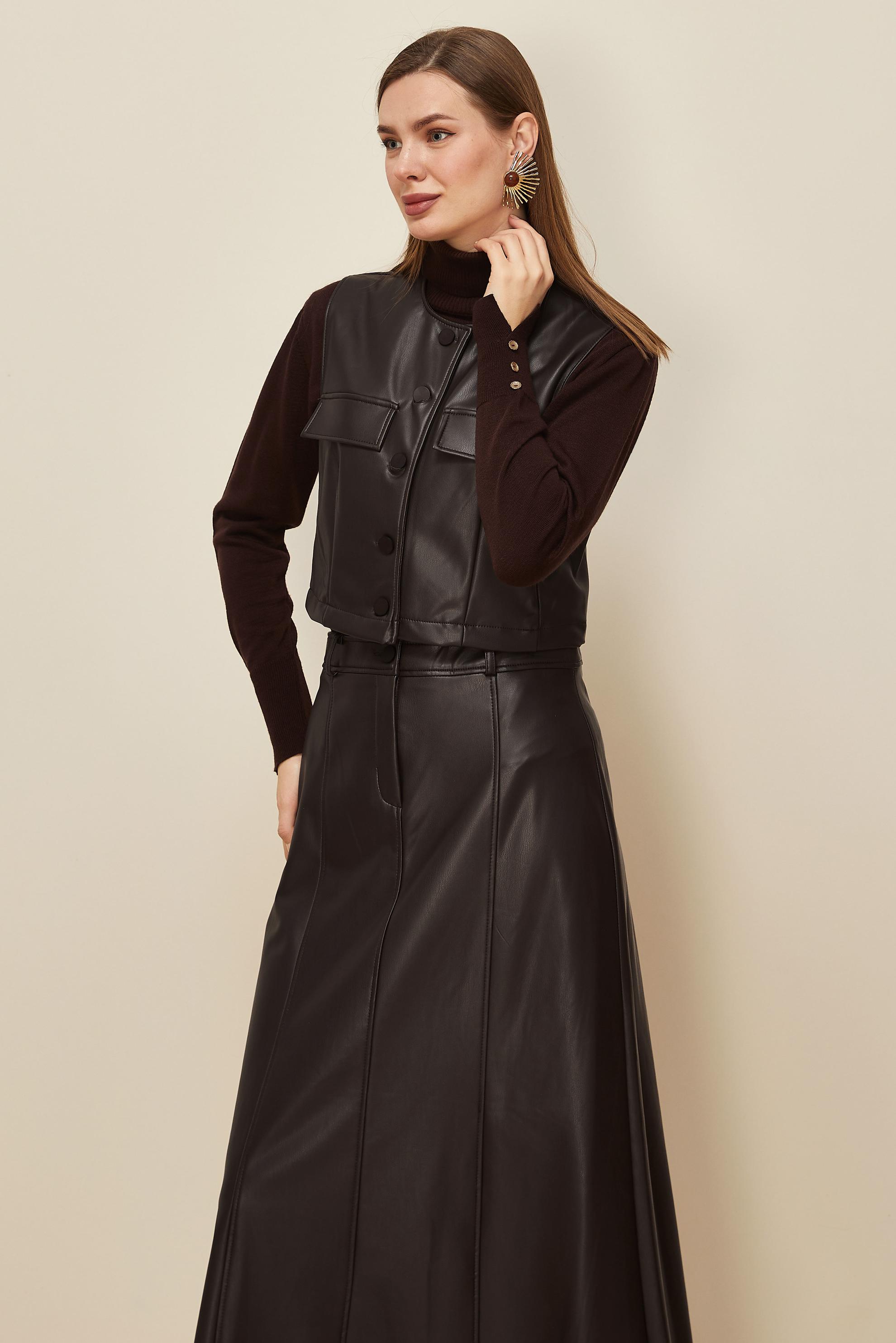 Tesettür giyim KAHVE ETEKLİ DERİ TAKIM 46033