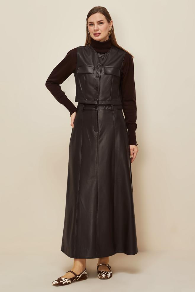 Tesettür giyim KAHVE ETEKLİ DERİ TAKIM 46033 - ALVİNA