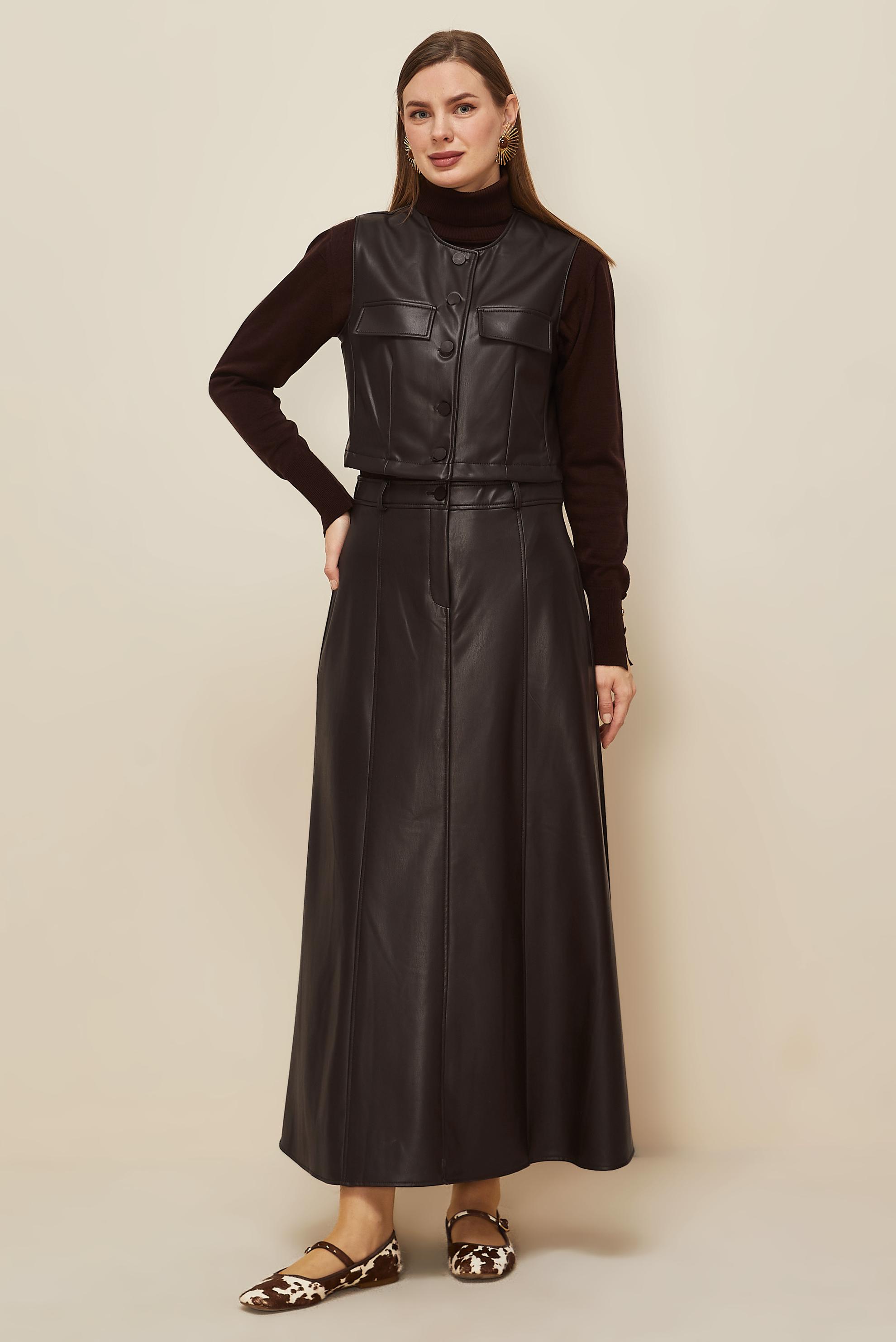 Tesettür giyim KAHVE ETEKLİ DERİ TAKIM 46033