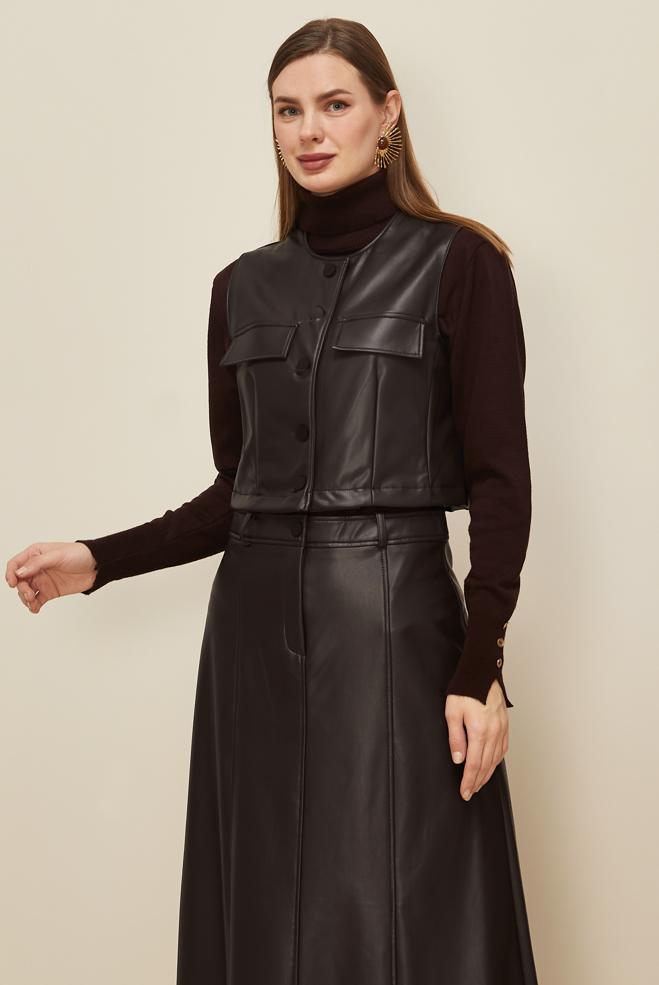 Tesettür giyim KAHVE ETEKLİ DERİ TAKIM 46033 - ALVİNA