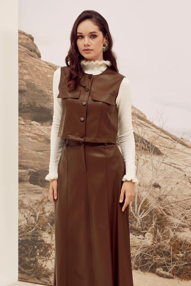 Vêtements hijab TABA ENSEMBLE JUPE DEUX PIÈCES EN SIMILICUIR 46033 - ALVİNA