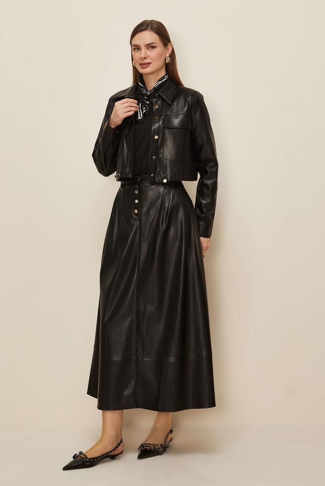 Tesettür giyim SİYAH 46064 DERİ 522 2 Lİ ETEKLİ TK.38-42 TEK 38 - ALVİNA