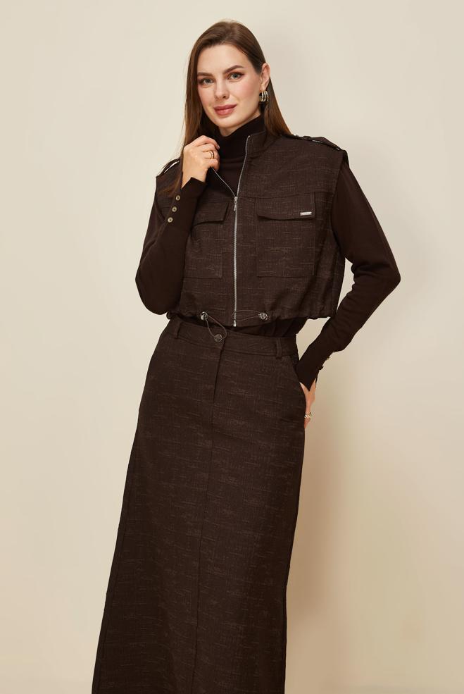 Hijab clothing BROWN JACQUARD SKIRTED SUIT 46101 - ALVİNA