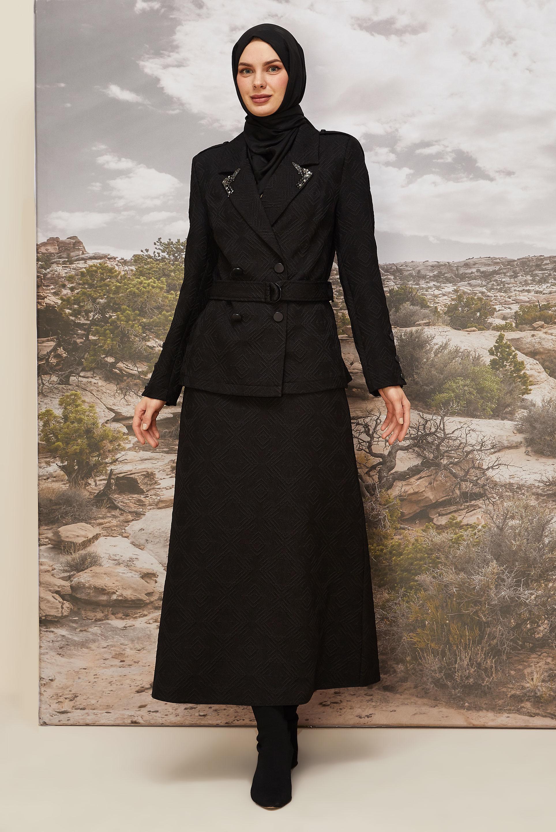 Hijab clothing BLACK BELTED JACQUARD SKIRTED SUIT 46102