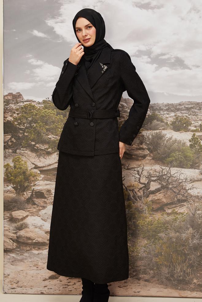 Hijab clothing BLACK BELTED JACQUARD SKIRTED SUIT 46102 - ALVİNA