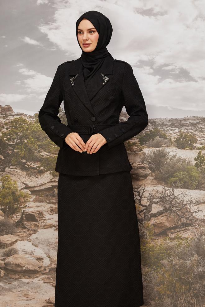 Hijab clothing BLACK BELTED JACQUARD SKIRTED SUIT 46102 - ALVİNA